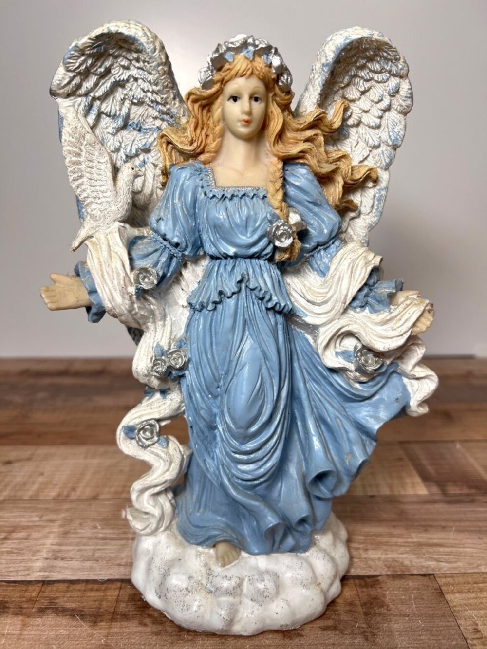 Christmas Angel Figurine With Dove & Flowers In Blue Dress